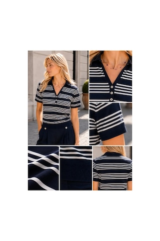 Meridefashion Kadın Lacivert Beyaz Çizgili Triko Bluz Şık Polo Yaka Yazlık Üst Xl