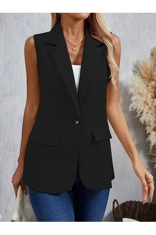 Defymoda Kadın Kolsuz Yakalı Önden Tek Düğmeli Atlas Ceket Siyah