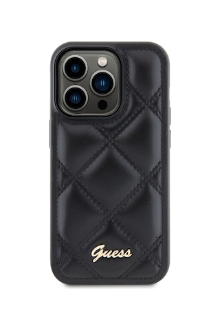 Apple iPhone 14 Pro Max Uyumlu Kılıf Guess Lisanslı Pu Deri Metal Yazı Logolu Kapitone Kapak Siyah