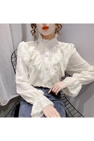 Moda Fırfır Vintage Bluz Kadınlar Zarif Uzun Kollu Dantel Gömlek Gevşek Şifon Gömlek Standı Yaka Pilili Blusas Tops 15832 Kayısı Açık Bej