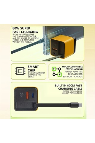 Fochsia Yellow Gan Teknolojisi 60w 3 Port Hızlı Şarj Cihazı Katlanır Kablolu Ultra Kompakt İpdone Uyumlu 17 16 15 14 13 12 11 Samsung İpad Uyumlu İçin