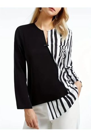 Kadın Bisiklet Yaka Düğmeli Çizgi Desenli Uzun Kollu Keten Bluz Siyah