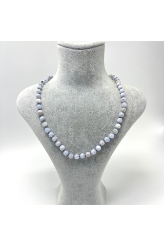 Yıldız Doğal Taş Kalsedon Doğal Taş 6 MM Makrome Kolye 45 CM - 55 CM Ayarlanabilir Mavi