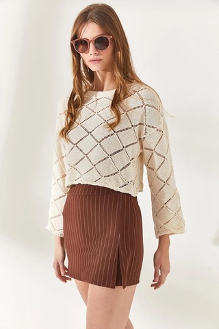 Alisse Kadın Kahverengi Çizgili Likralı Mini Yırtmaçlı Şort Etek Kahvrengi Çizgili Kahverengi