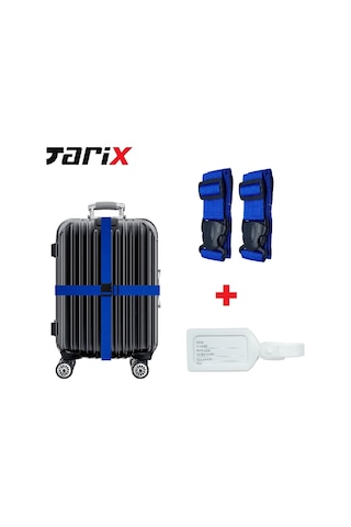 Tarix 2 Adet Mavi Valiz Kemeri + 1 Adet Beyaz Valiz Etiketi Mavi