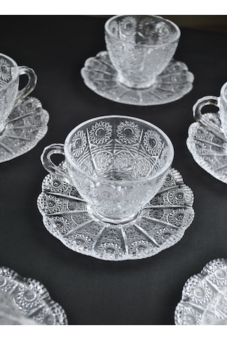 12 Parça Kristal Cam Çay Seti 200 Ml 6 Kişilik Lüx Çay Fincan Ta Şeffaf