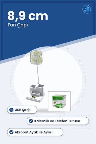 Masaüstü Vantilatör Usb Şarjlı Kalemlik Ve Telefon Tutuculu Mini