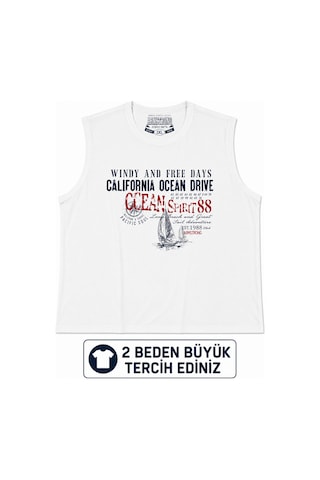 Büyük Beden Kolsuz Yuvarlak Yaka Baskılı Erkek Tishirt Atlet Beyaz