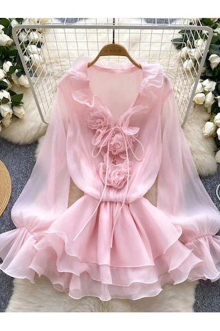 Havens Lia Şifon Gül Detay Elbise Pembe