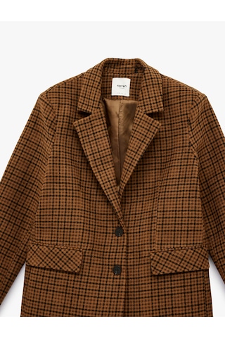 Koton Cep Detaylı Geniş Yaka Düğmeli Uzun Kollu Ekoseli Blazer Ceket Kahverengi Ekose 6wak50158uw Kahverengi Ekoseli