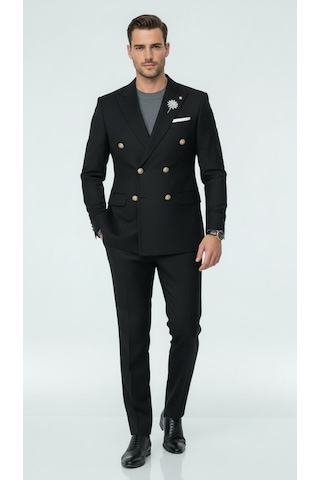 Erkek Kruvaze Gold Düğmeli Dokulu Likralı Kumaş Blazer Ceket Modern Kesim Şık Tasarım Siyah