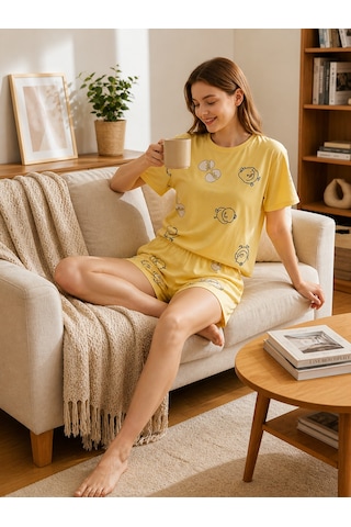 Pıove Kadın Baskılı Şortlu Pijama Takımı Sarı