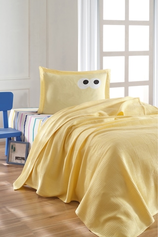 Lastikli Çarşaflı Pike Takımı Tek Kişilik %100 Pamuk 3 Parça Funny Desenli Sarı Weave Serisi Sarı