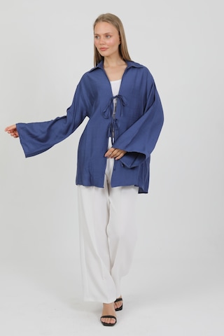 Doğal Viskon Kumaş Cepli Bağcıklı Kadın Kimono 1167 Hafif, Dökümlü, Akışkan, Yazlık Model İndigo