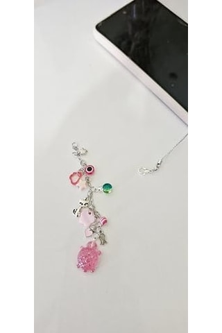 Çok Renkli Telefon Askısı, Gümüş Zincir, Kaplumbağa Ve Kedi Figürlü, Nazar Boncuklu, Pembe Aksesuarlı Charm