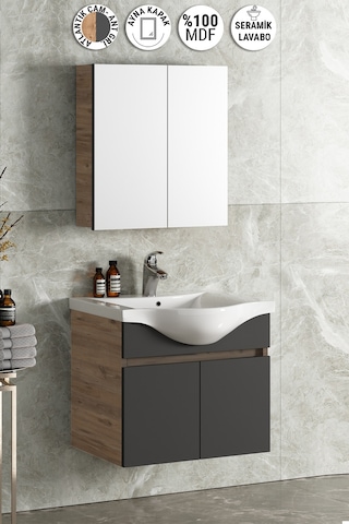 55 Cm Yıldız Dıştan Aynalı Banyo Dolabı Takımı Seramik Lavabolu Ü Antrasit - Atlantik Çam