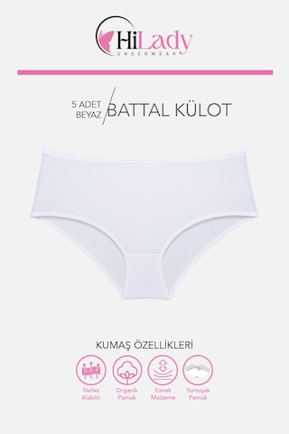Kadın Külot, Orta Yüksek Bel Büyük Beden Külot 4xl-5xl-6xl 5 Adet, Yumuşak Pamuklu Rahat Kumaş Beyaz