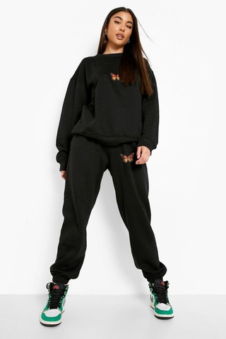 Ay Montana Lunavısta Kadın Pempe Kelebek Baskılı Sweatshirt Alt Üst Eşofman Takımı Rsatk002 Siyah