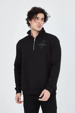 Vexor Erkek Yarım Fermuarlı Baskılı Sweat - Siyah
