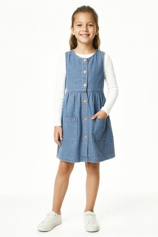 Kız Çocuk 2'li Jean Elbise Çift Cepli Jean Elbise+bluz 12533 Mavi