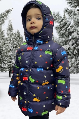 Freemen Erkek Çocuk Polarlı Kapüşonlu Araba Yıldız Ay Desenli Kışlık Şişme Mont & Kaban & Parka Siyah