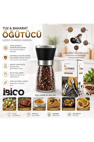 İbico İ22-410 Hand Grinder Tuz Ve Baharat Öğütücü - Küçük Boy Cam Hazneli Krom Belli