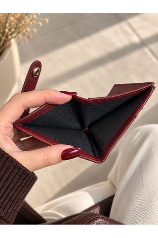 Elpida Bags Kadın Siyah Deri Görünümlü Çok Bölmeli Çıtçıtlı Kartlık & Cüzdan Bordo