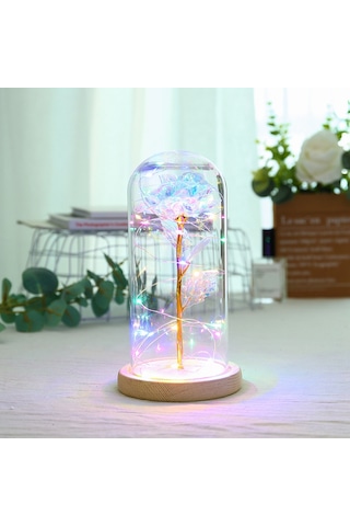 Vkemall Renkli Led Işıklı Cam Kapaklı Altın Folyo Gül Dekoratif Ayna, Oda Dekoru Ve Gece Lambası, Ahşap Tabanlı, 20 Led Işık, Pil Gerektirir Pil Dahil Değil Renkli