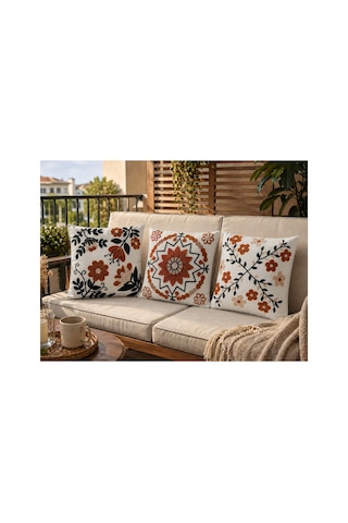 3 Lü 43x43 Cm Dekoratif Kırlent Kılıfı Seti Çiçek Desenli, Dijital Baskılı, Fermuarlı Bej Bej