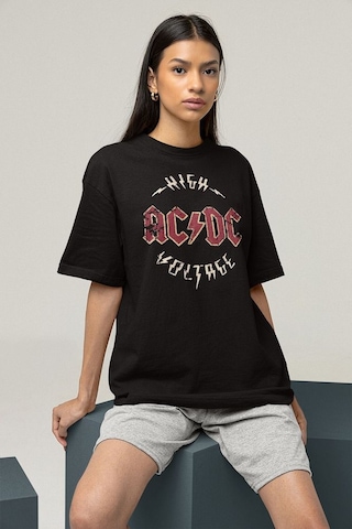 High Ac Dc Voltage Baskılı Unisex Oversize Rock Metal Tişört Siyah