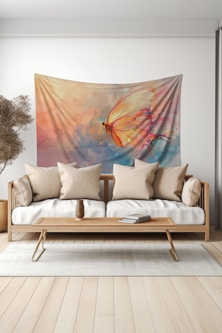Pastel Kelebek Desenli Duvar Halısı Duvar Örtüsü Tapestry Süet Dokulu Kumaş