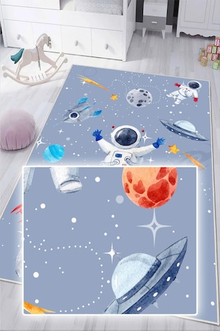 Dijital Baskılı Dekoratif Kaymaz Taban Yıkanabilir Uzay Temalı Modern Çocuk Halısı Gri