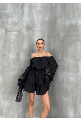 Nana & Mayka Moda Kadın Siyah Madonna Yaka Mini Elbise Bohem Tarz Püsküllü Kuşaklı Yazlık Siyah