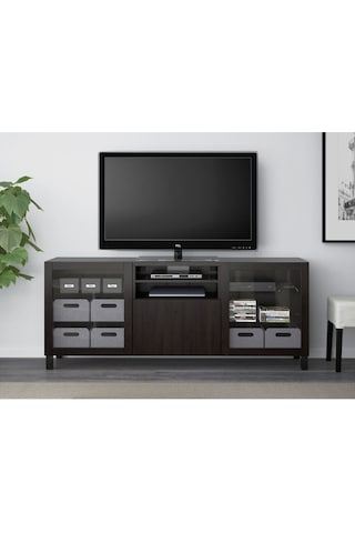 Tv Sehpası, Siyah-kahverengi-şeffaf Cam, 180x40x74 Cm, Lappvıken/sındvık, Fren Raylı Siyah