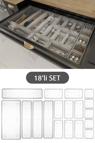 18'li Modüler Set Kaşıklık Çekmece Içi Düzenleyici Çatal Kaşık Bıçak Düzenleme Organizeri Şeffaf
