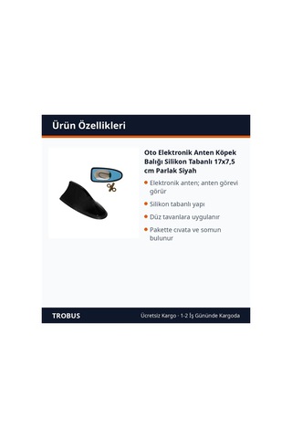 Trobus Oto Elektronik Anten Köpek Balığı Silikon Tabanlı 17x7,5 Cm Parlak Siyah