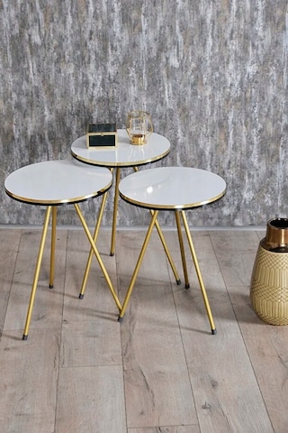 Zigon Sehpa Ve Orta Sehpa Kr Set Çift Gold Metal Beyaz