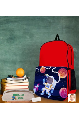 Bk Gift Kişiye Özel Astronot Tasarımlı Kırmızı Okul Çantası Ve Kalemlik Hediye Seti-1