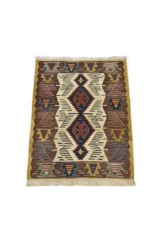 El Dokuma Uşak Kilimi 94x123 Krem Kahve Kök Boya %100 Yün Kilim