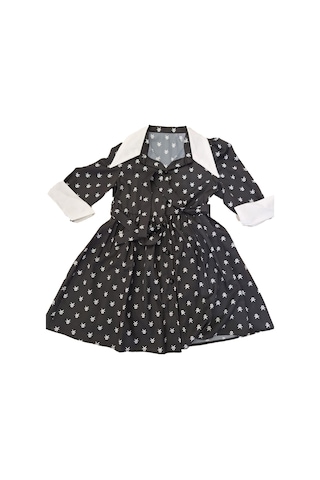 Kız Çocuk Elbise Yaka Ve Manşet Detaylı Boydan Düğmeli Ve Kuşaklı 7-12 Yaş 12420 Siyah