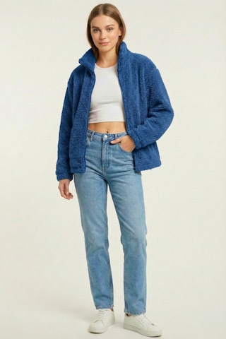 Kadın Peluş Tam Fermuarlı Cepli Sherpa Kuzu Kumaş Oversize Peluş Polar Sweatshirt İndigo
