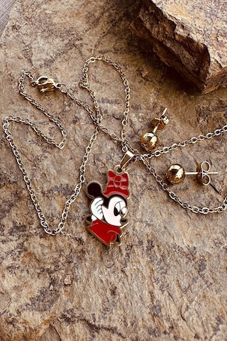 Mini Şık Kıyafetiyle Sizlerle Tatlı Mouse Paslanmaz Çelik Gold Renk Kolye Küpe Seti Altın