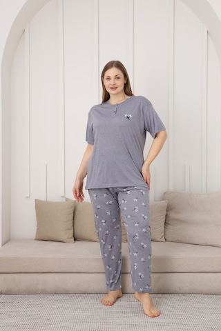 Viskon Kumaş Kadın Büyük Beden Kısa Kollu Pijama Takımı Mavi