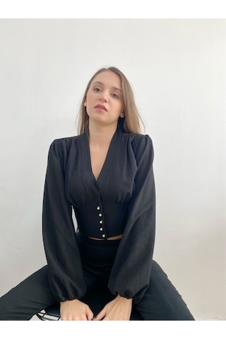 Mois Atelier Siyah Crop Top Bluz Gömlek, Tasarım, Hediye, Büyük Beden Siyah