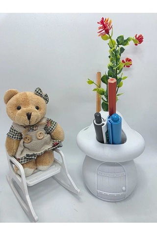 Kalemlik-ayıcık- Beyaz- Sima Mantar Çiçekli Üç Gözlü Kalemlik Düzenleyici Beyaz