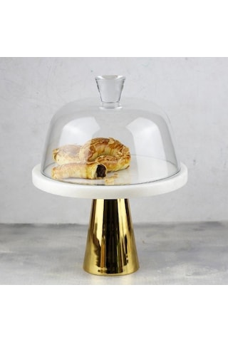 Akayev Mermer 25 Cm Altın Konik Ayak Beyaz Kalın Cam Fanus