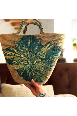 Hasır Çanta, Plaj Çantası, Tasarım Çanta, Yeşil Desenli El Çantası Yeşil - Kahverengi