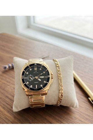 Erkek Bezel Kol Saati Bileklik Hediyeli Yeşil Kadran Takvimli Çelik Kordon Quartz Analog Saat Frn09 Siyah