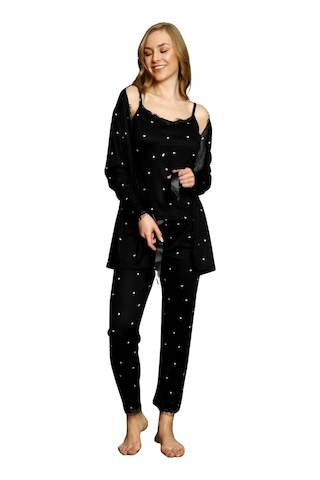 Nisanca Sabahlıklı Dantel Detaylı Pegasus Kadın Pijama Takımı-çeyizlik Takım- Geniş Beden Aralığı Siyah