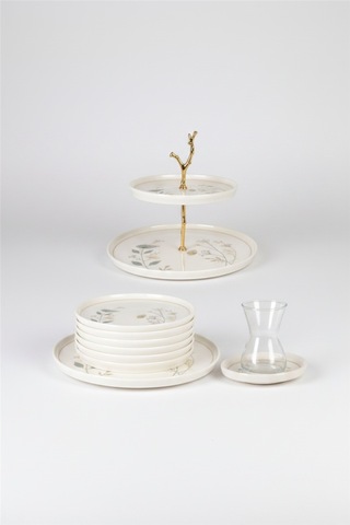 6 Kişilik Porselen Toledo 21 Prc Pasta Takımı Dijital Arte Desen İpek Krem
